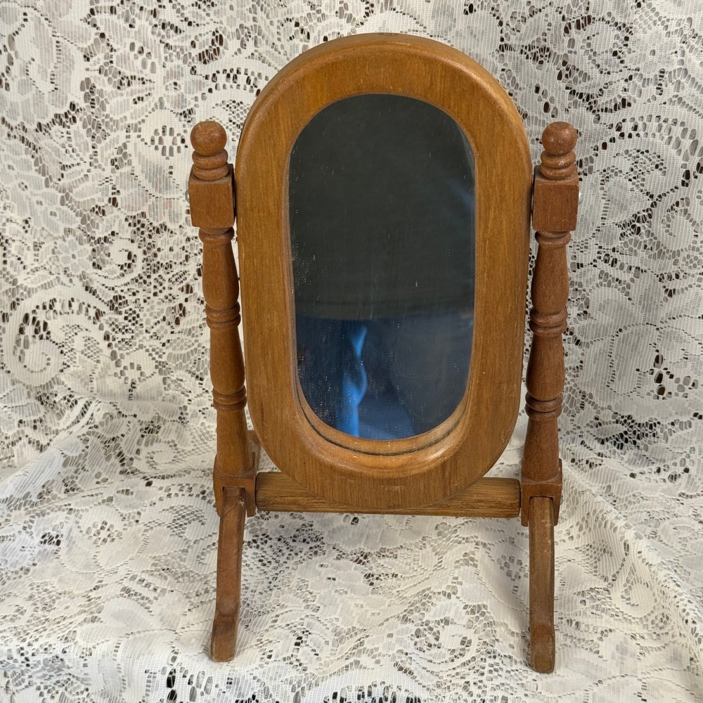 Vintage Wood Swivel Vanity Mirror Oval Tabletop Cheval Spindle Frame Farmhouse